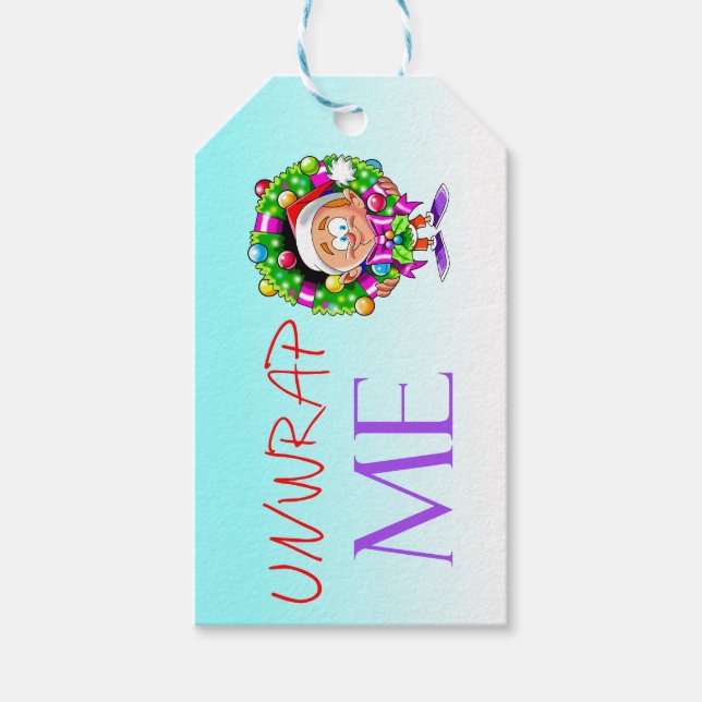 Weihnachtsjunge mit Kraath entpacken Me Geschenkma Geschenkanhänger (Vorderseite)