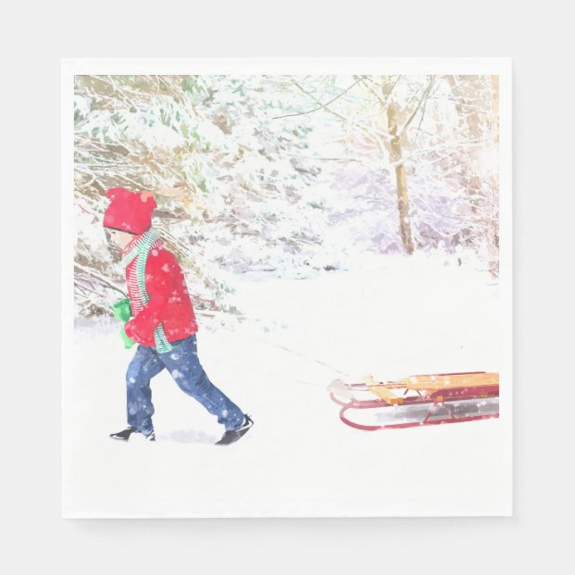 Weihnachtsjunge segelte Winterschnee Aquarell Serviette (Vorderseite)