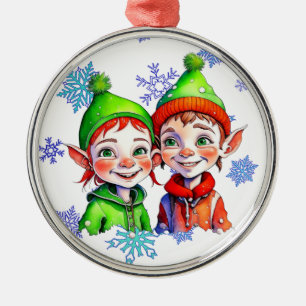 Weihnachtsjunge und Mädchenelfen Ornament Aus Metall