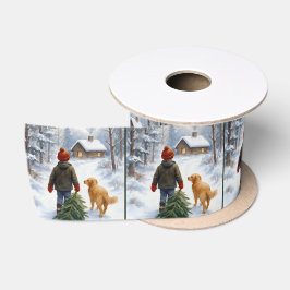 Weihnachtsjunge zieht einen immergrünen Baum nach Satinband