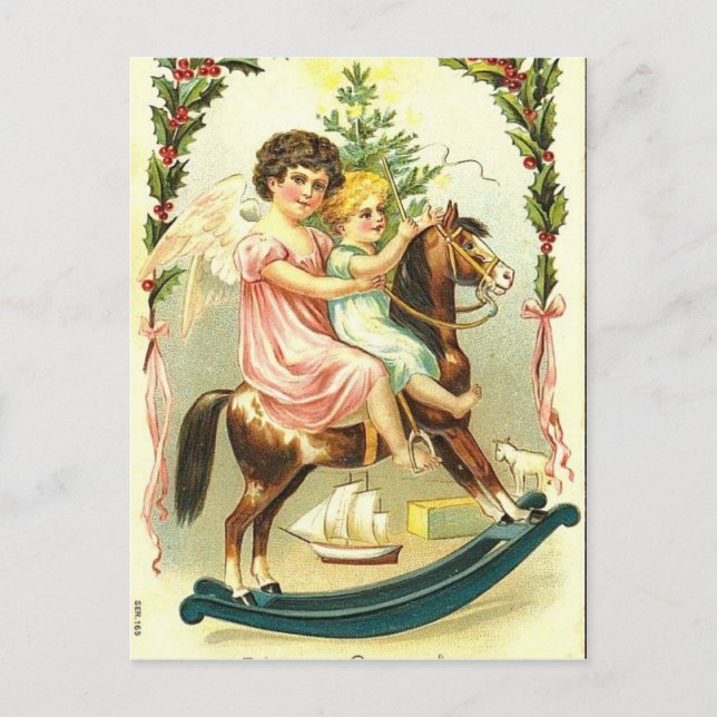 Weihnachtsjungen und Rockpferde Feiertagspostkarte (Vorderseite)