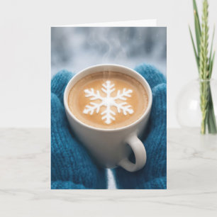 Weihnachtskaffee mit Handschuhen und Schneeflocke Karte