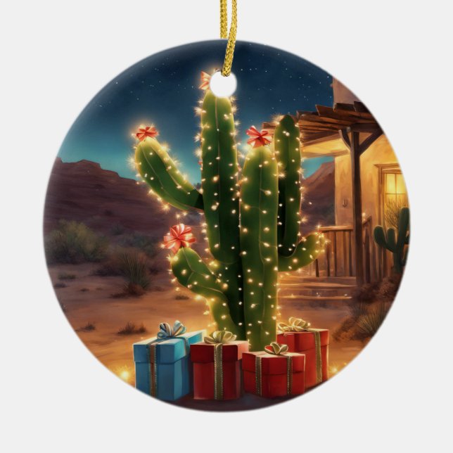Weihnachtskaktus mit Geschenken vor einem Haus Keramik Ornament (Vorne)