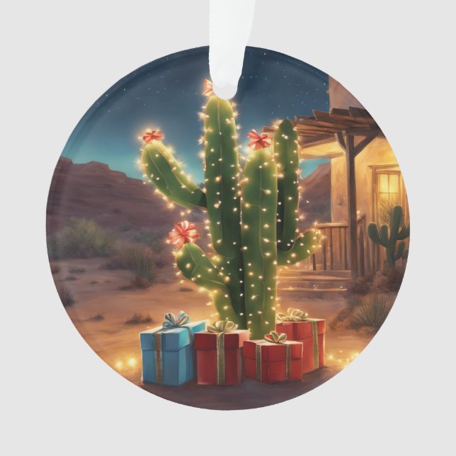 Weihnachtskaktus mit Geschenken vor einem Haus Ornament (Vorderseite)