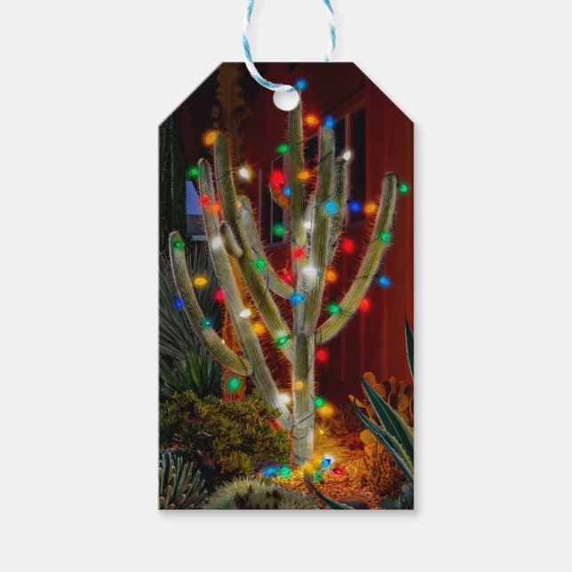 Weihnachtskaktus mit leuchtenden Lichtern Geschenkanhänger (Vorderseite)