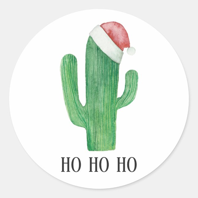Weihnachtskaktus. Winterurlaub roter Hut. Ho ho ho Runder Aufkleber (Vorderseite)