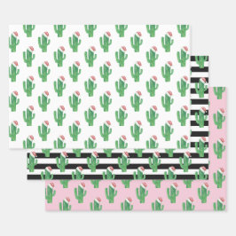 Weihnachtskaktusmuster Santa Cacti. Grünrosa Geschenkpapier Set