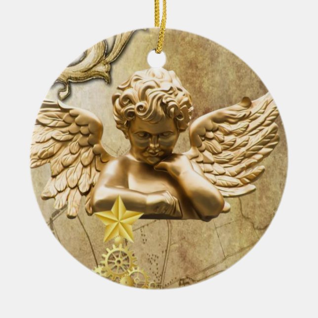 Weihnachtskalender, Goldener Engel Keramik Ornament (Vorne)