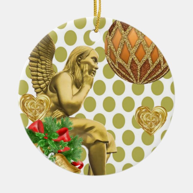 Weihnachtskalender, Goldener Engel Keramik Ornament (Vorne)