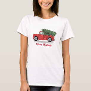 Weihnachtskalligrafie Rustikaler Rotlastwagen T-Shirt