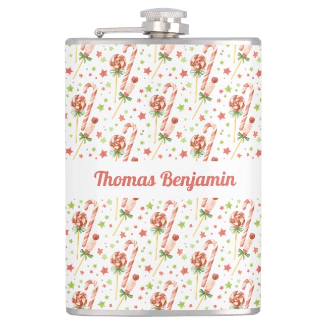 Weihnachtskandies Muster Personalisiert Flask Flachmann (Vorderseite)