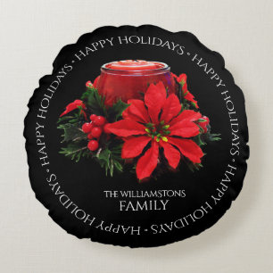 Weihnachtskandle, Holly und Poinsettia Rundes Kissen