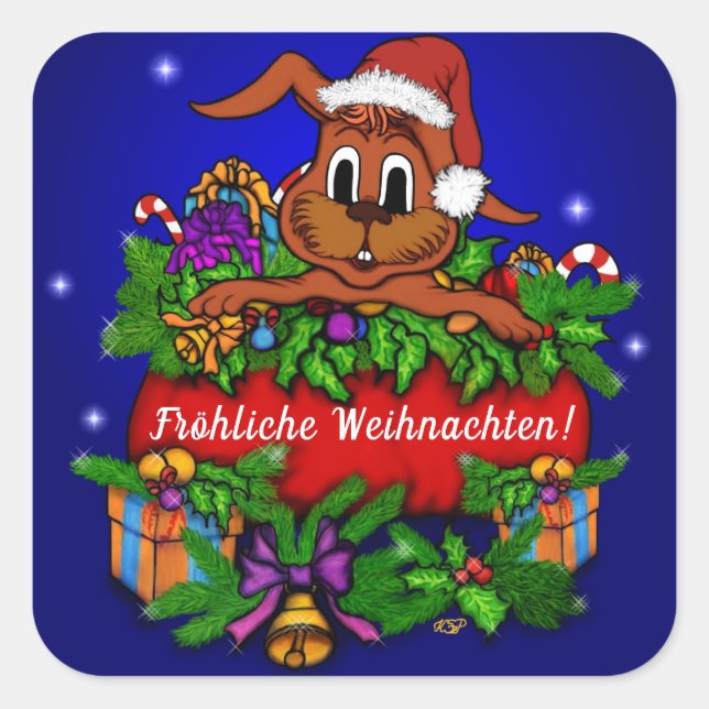 Weihnachtskaninchen , Fröhliche Weihnachten! Quadratischer Aufkleber (Vorderseite)