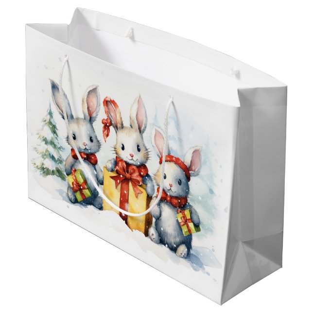 Weihnachtskaninchen mit Geschenken Große Geschenktüte (Rückseite Schrägansicht)