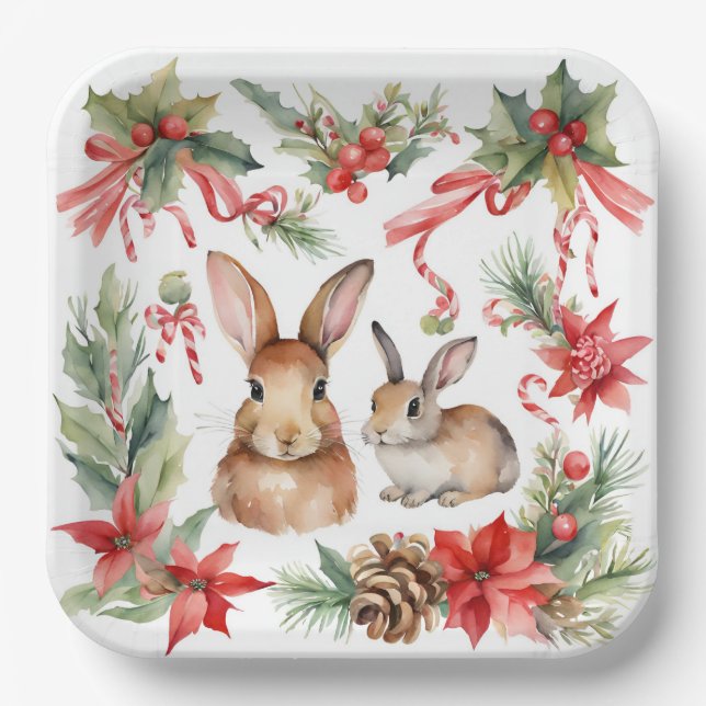 Weihnachtskaninchen Rote Gold Blüten Pappteller (Vorderseite)