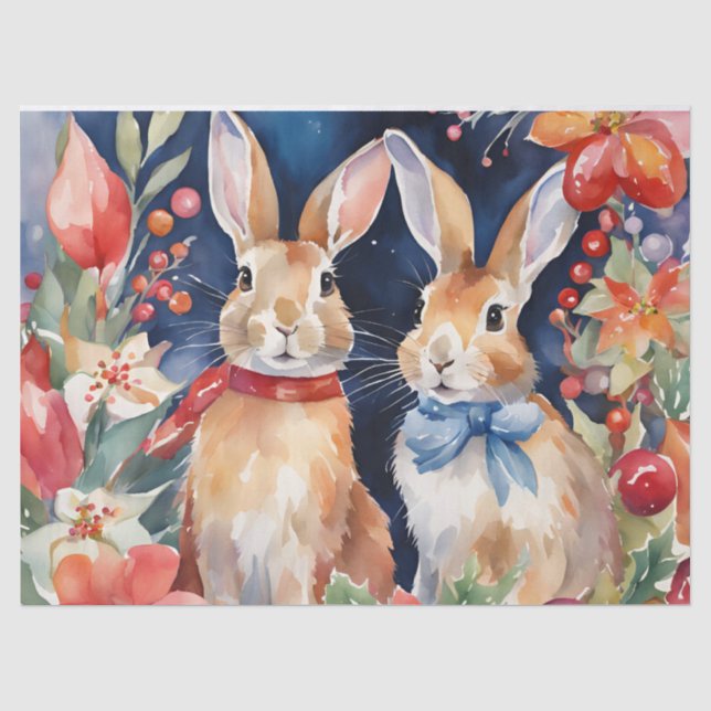 Weihnachtskaninchen Rote Gold Blüten Seidenpapier (Vorderseite)