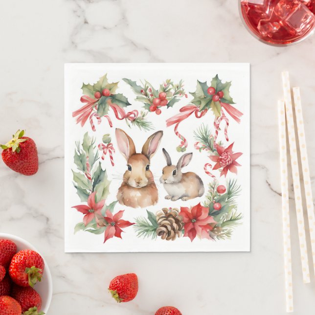 Weihnachtskaninchen Rote Gold Blüten Serviette (Beispiel)