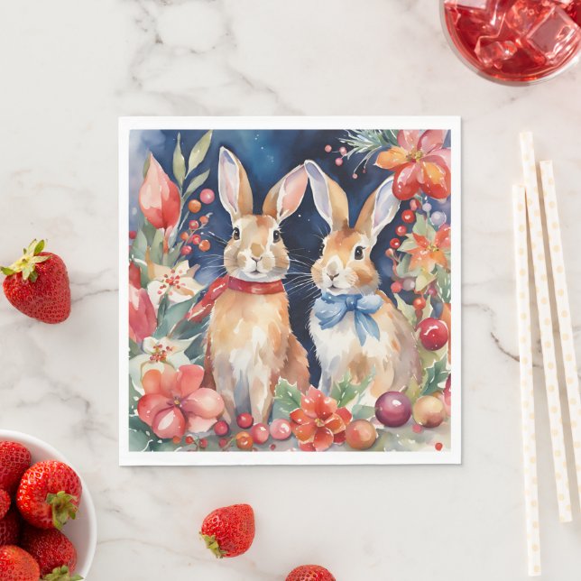 Weihnachtskaninchen Rote Gold Blüten Serviette (Beispiel)