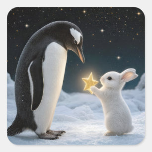 Weihnachtskaninchen und Pinguin mit Neonstern Quadratischer Aufkleber
