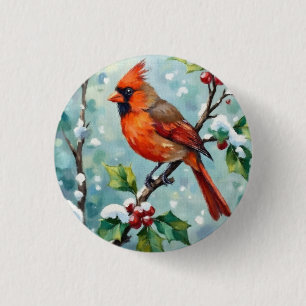 Weihnachtskardinal auf einem Stechpalmenzweig Button