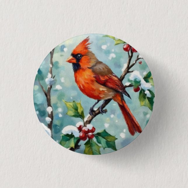 Weihnachtskardinal auf einem Stechpalmenzweig Button (Vorderseite)