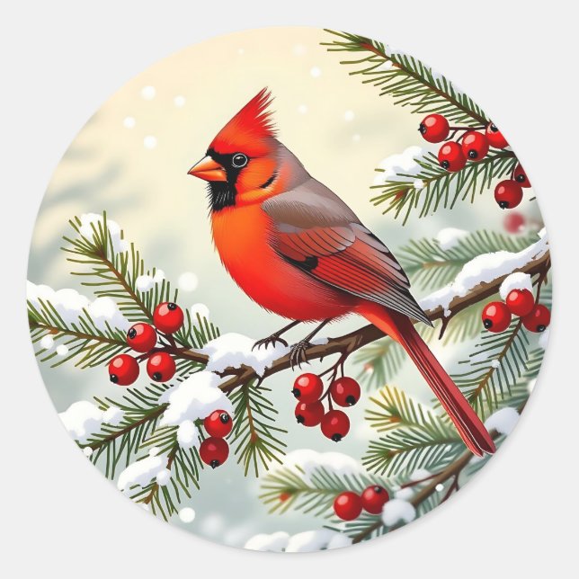 Weihnachtskardinal auf schneebedecktem Kiefernzwei Runder Aufkleber (Vorderseite)