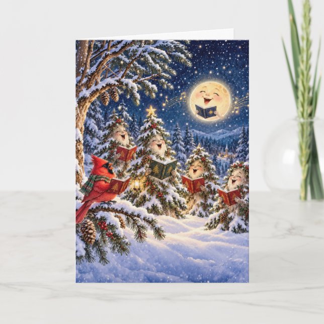 Weihnachtskardinal und Winterbaum-Chor Karte (Vorderseite)