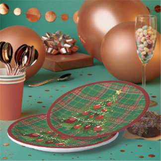 Weihnachtskariert Grün, Rot mit Gold Pappteller