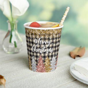 Weihnachtskariert und Glitter mit Text Pappbecher