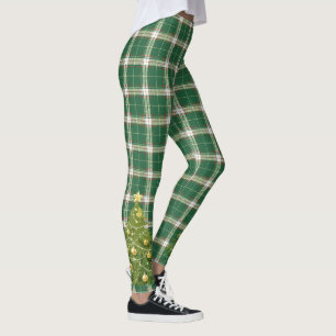 Weihnachtskariert Weiß, Grün mit Baum Leggings