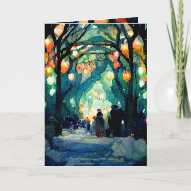 Weihnachtskarte Abend Ansammlung bunte Lichter Karte (Vorderseite)