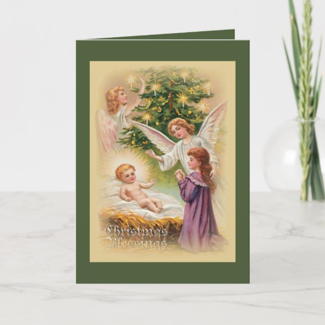 Weihnachtskarte Baby Jesus Angels Weihnachtsbaum Feiertagskarte (Vorderseite)