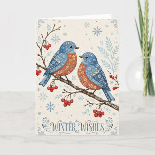 Weihnachtskarte — Blaue Vögel auf Beeren Karte
