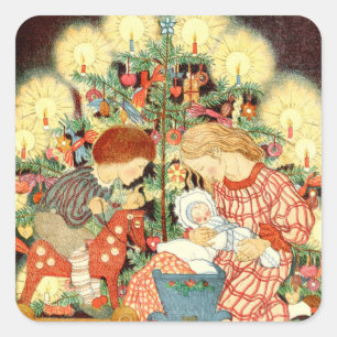 Weihnachtskarte Christmas Tree Children G Quadratischer Aufkleber