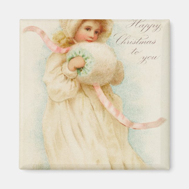 Weihnachtskarte, die ein Mädchen mit einem Muff da Magnet (Vorne)
