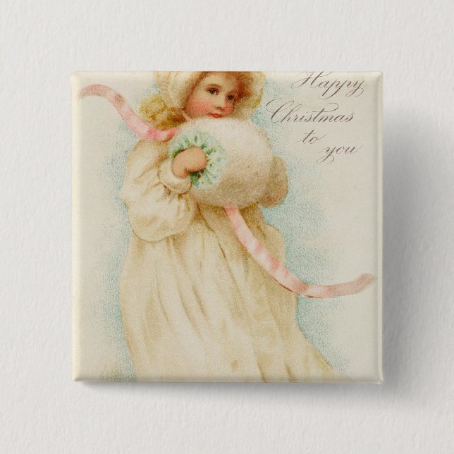 Weihnachtskarte, die ein Mädchen mit einer Muffe Button (Vorderseite)