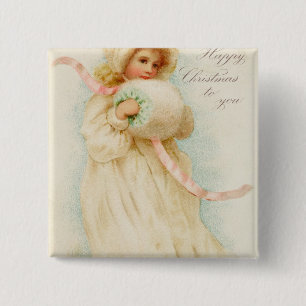 Weihnachtskarte, die ein Mädchen mit einer Muffe Button