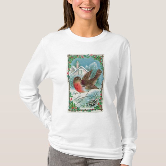 Weihnachtskarte, die ein Rotkehlchen darstellt T-Shirt (Vorderseite)
