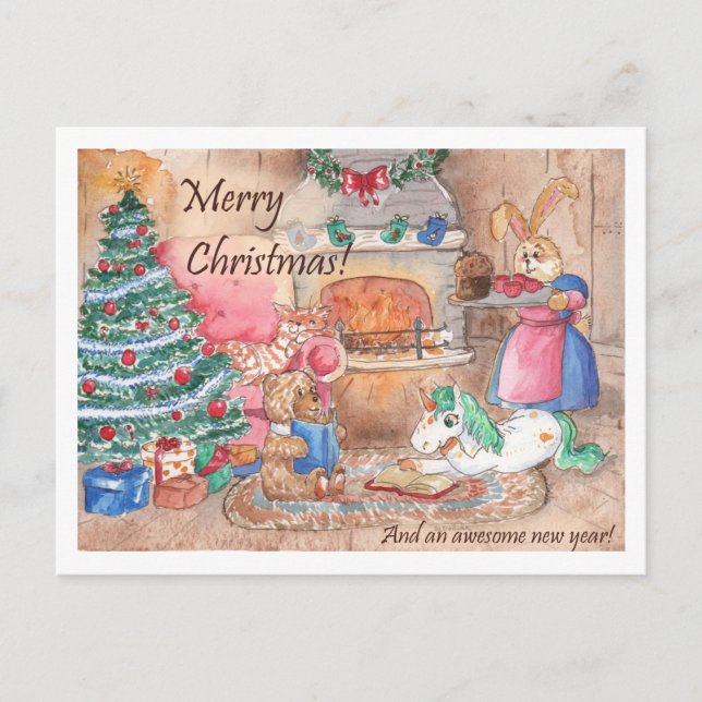 Weihnachtskarte Feuerplatz Familienfantasie Feiertagspostkarte (Vorderseite)