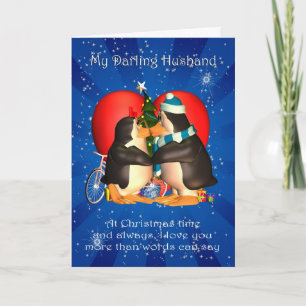 Weihnachtskarte für Ehemänner mit kissenden Pingui Feiertagskarte