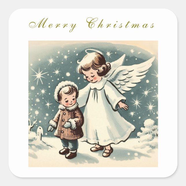 Weihnachtskarte für Engel und Kind Quadratischer Aufkleber (Vorderseite)
