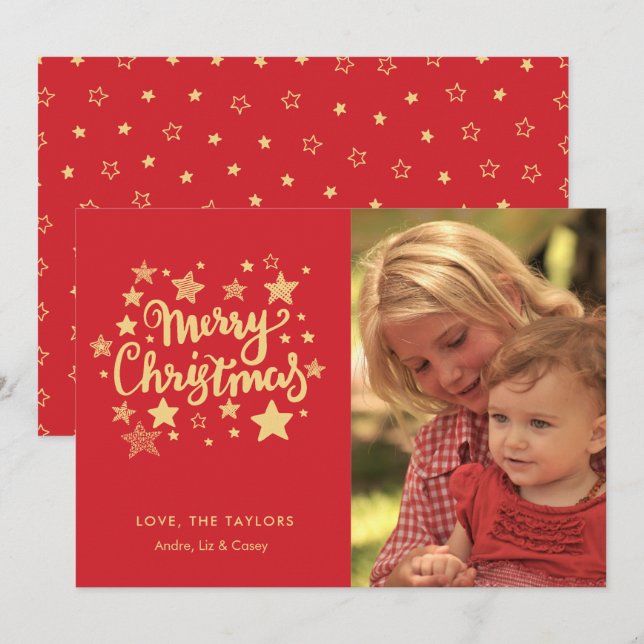 Weihnachtskarte für Rot und Gold-Typografie-Foto Einladung (Vorne/Hinten)