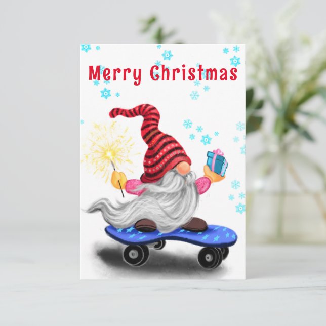 Weihnachtskarte Glücklicher Skater Gnome mit Gesch (Stehend Vorderseite)