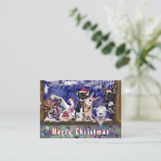 Weihnachtskarte Happy Farm Animal Party - Spaß Mitteilungskarte (Stehend Vorderseite)