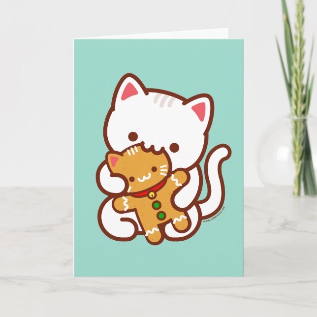Weihnachtskarte: Hungerkatze Eating Gingerbread Ka Karte (Vorderseite)