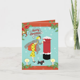 Weihnachtskarte im Retro-Stil mit Frau und Hund Karte