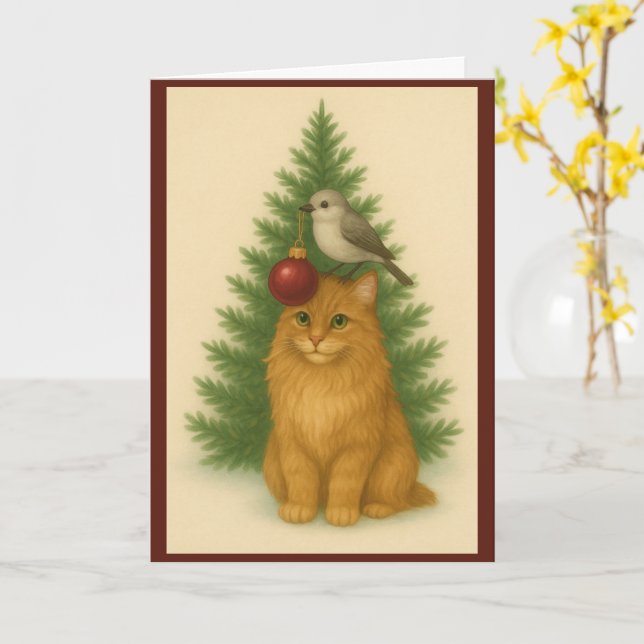 Weihnachtskarte — Katze und Vögel vom Baum Karte (Gelbe Blume)