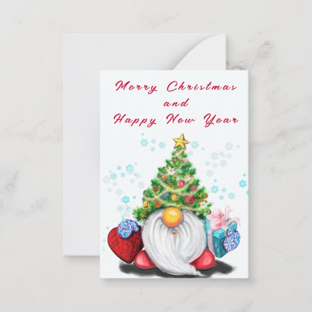 Weihnachtskarte Kleiner Gnome mit Geschenk Mitteilungskarte (Vorderseite)