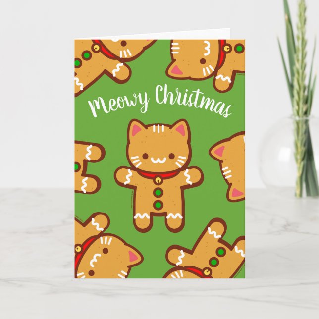 Weihnachtskarte: Lebkuchen Katze "Meowy Christmas" Karte (Vorderseite)