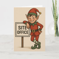 Weihnachtskarte mit Bau-Thema Elf lehnt sich an